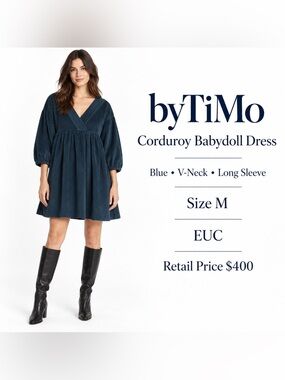 byTiMo Corduroy Babydoll Dress Blue V-Neck Long Sleeve Size M